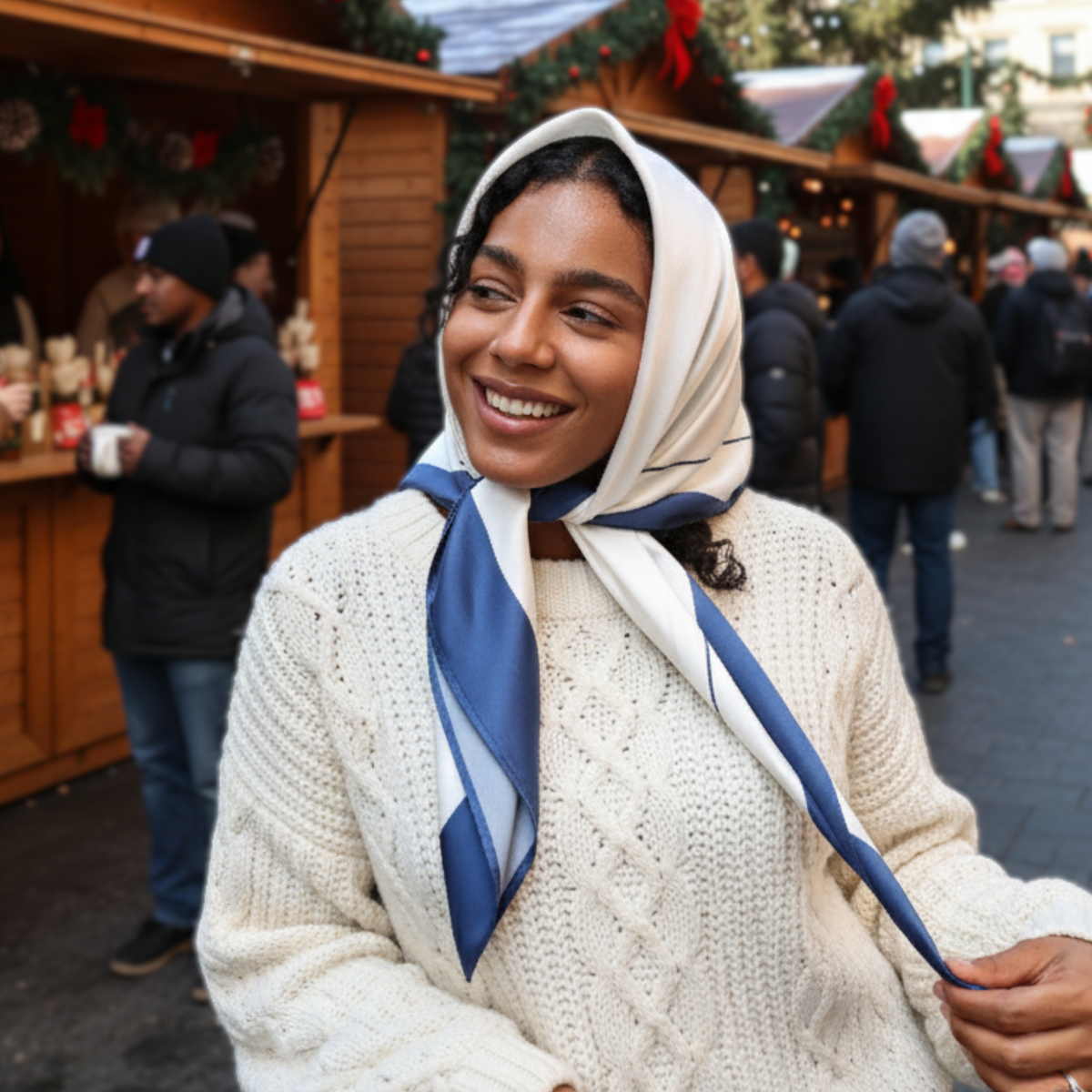 Silk Square Head Scarf - Navy/Ivory