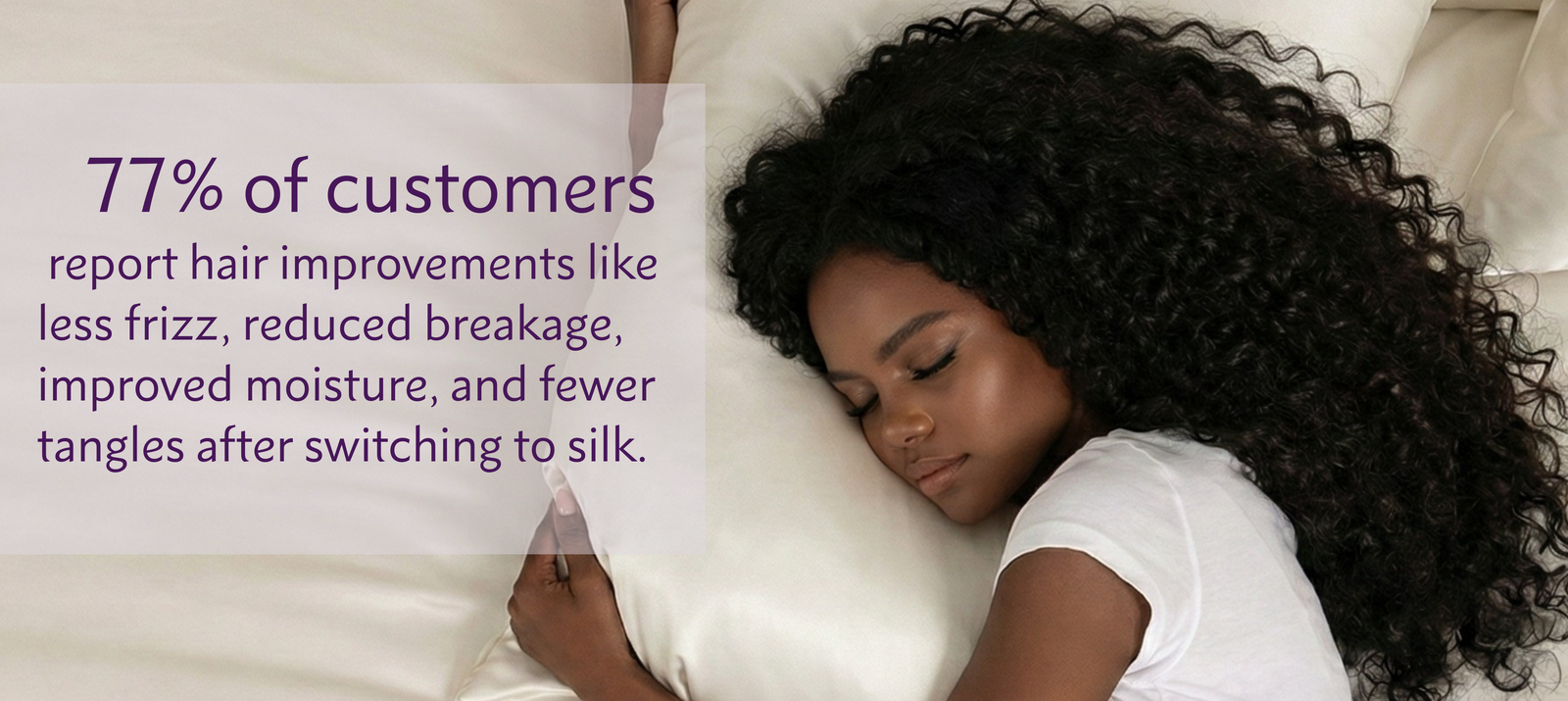 Woman sleeping with white pillowcase, text about hair improvements and product rating.