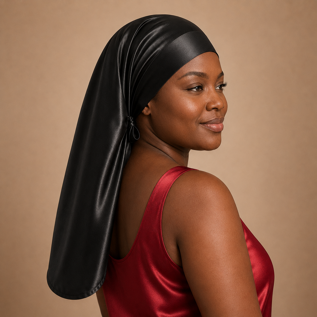 Woman in a red top with a long black silk sleep bonnet looks over her shoulder against a beige background.
