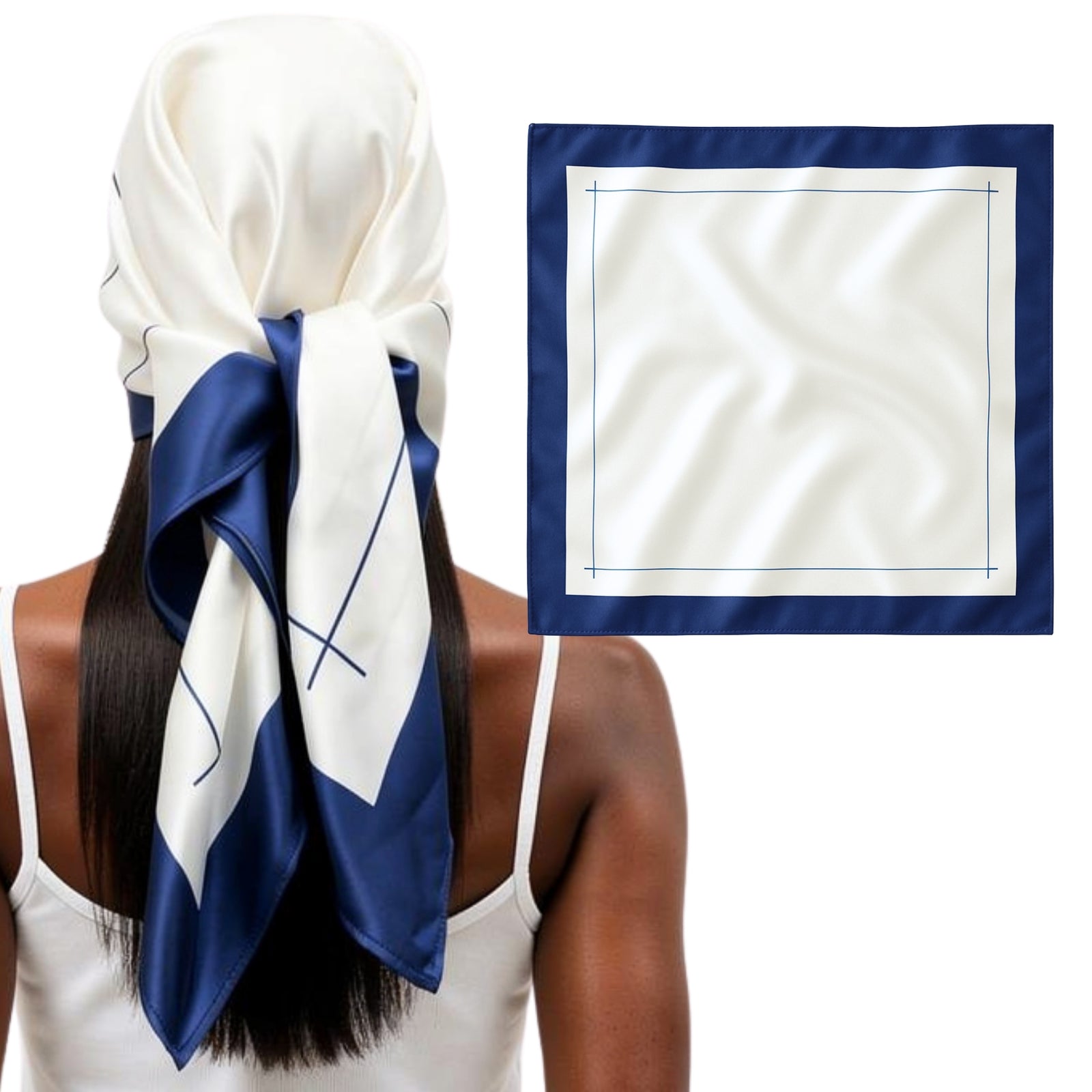 A person with long straight hair wears a white and navy silk scarf with a printed border; a matching flat scarf is shown beside them.