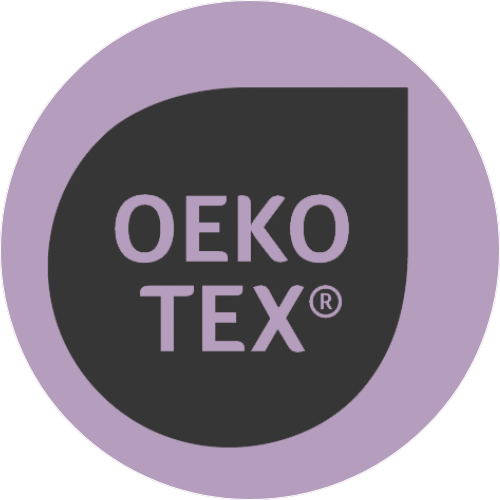 A circular logo with a dark drop shape and the text OEKO TEX in light purple letters on a silky lavender background.