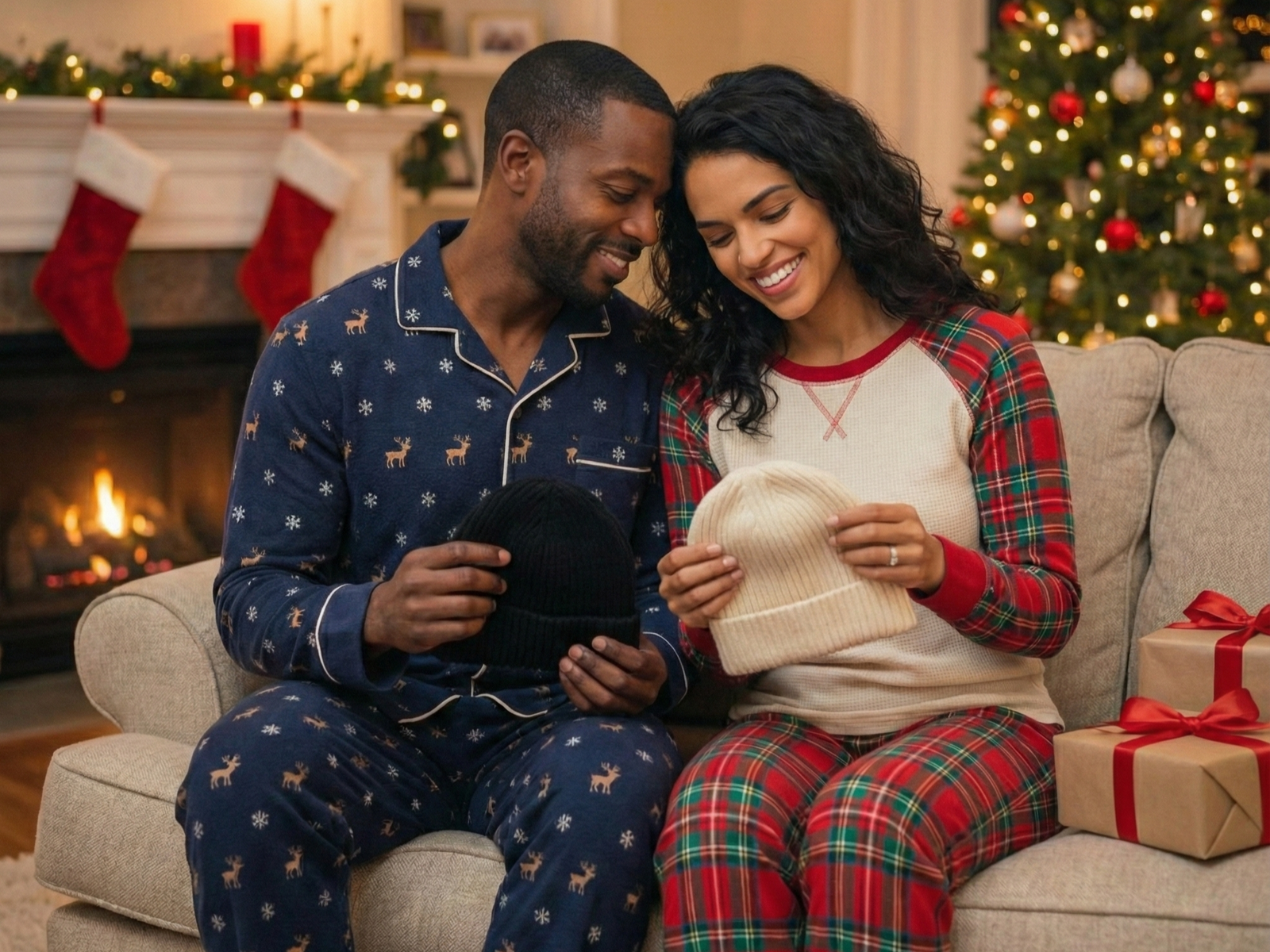 Couple in matching pajamas sitting on a couch with a Christmas tree and fireplace in the background.