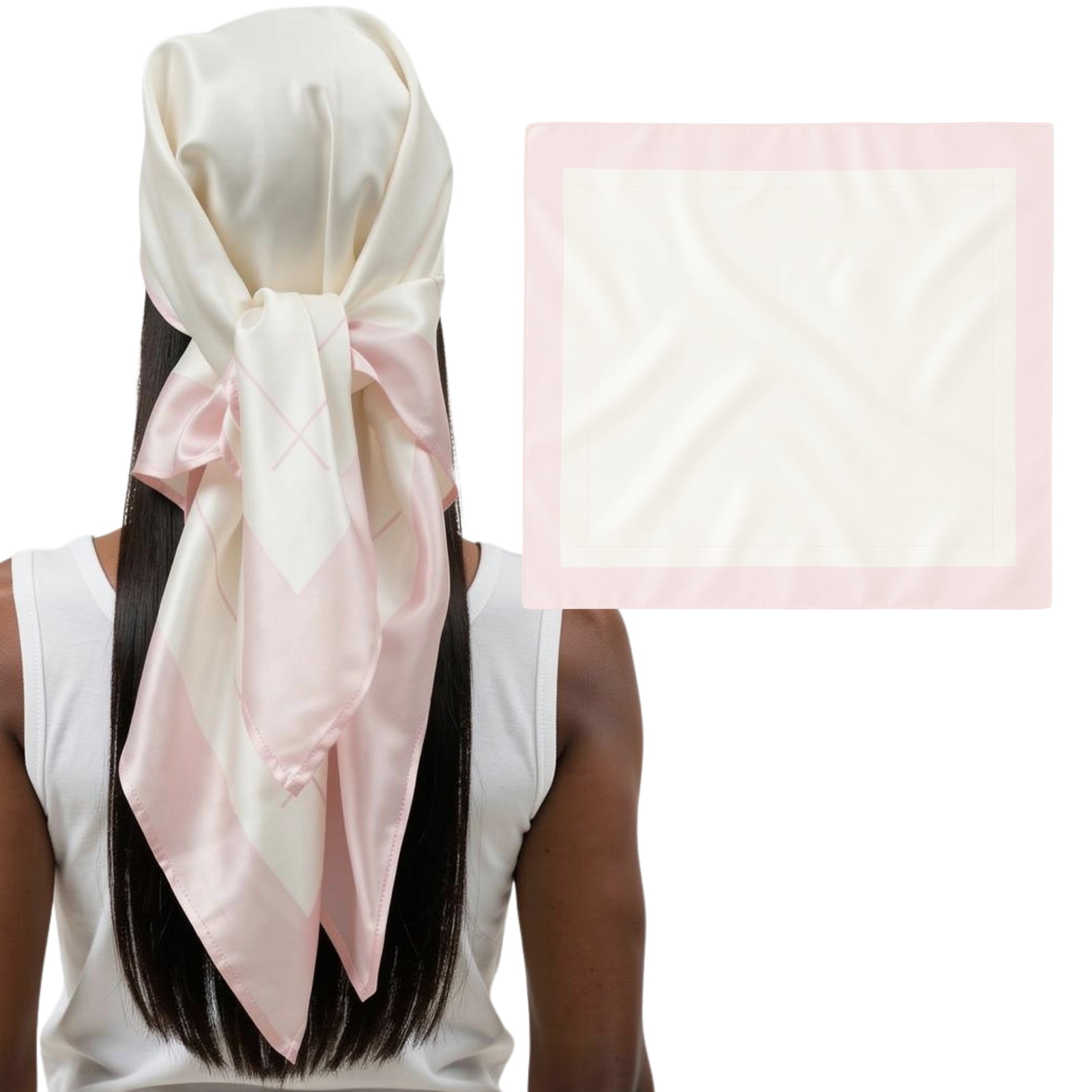 A woman wears a light pink and white silk scarf tied in a bow; the printed border scarf is also shown laid flat beside her.