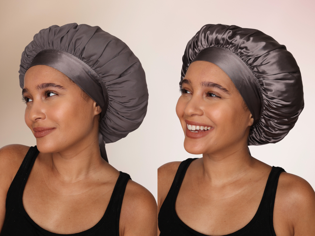 Side-by-side image of a woman wearing a short silk bonnet, with one showing the matte side of the fabric out and the other showing the shiny side of the fabric out