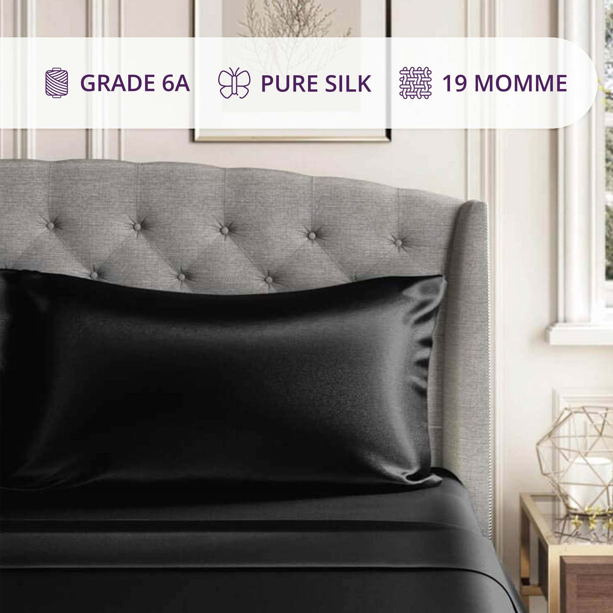 Silk Pillowcase Features 19 Momme Black