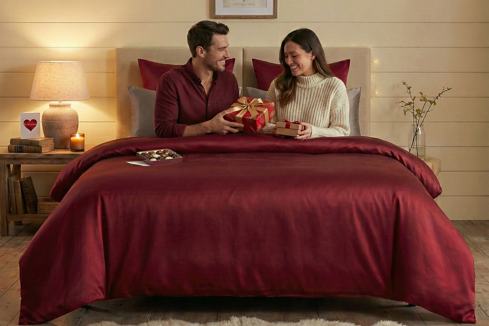 Man and woman exchanging gifts in a bedroom with red silk bedding.
