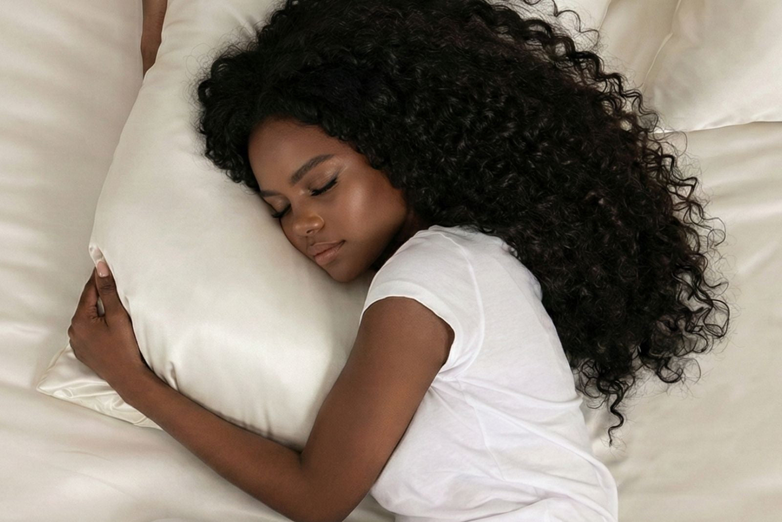 Woman with natural curly hair sleeping peacefully on a white silk pillow