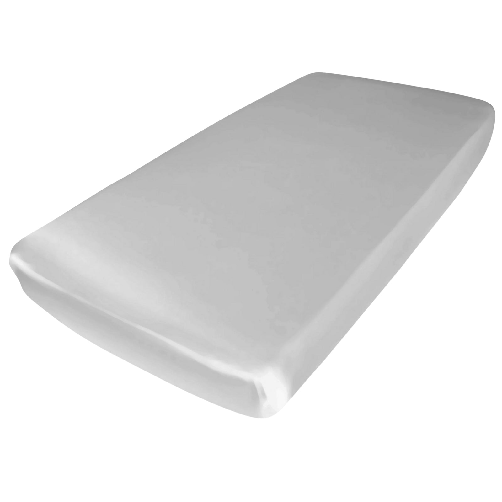 White crib with silk fitted sheet on the mattress, pillow, and elephant toy in a room with a plant and framed picture of an elephant.