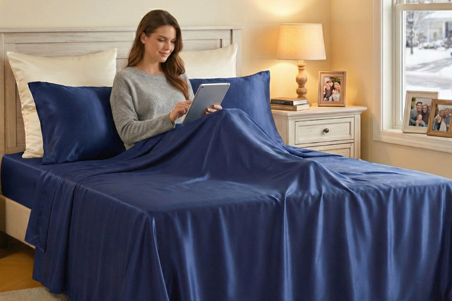 Woman using a tablet on a bed with blue silk sheets in a bedroom.