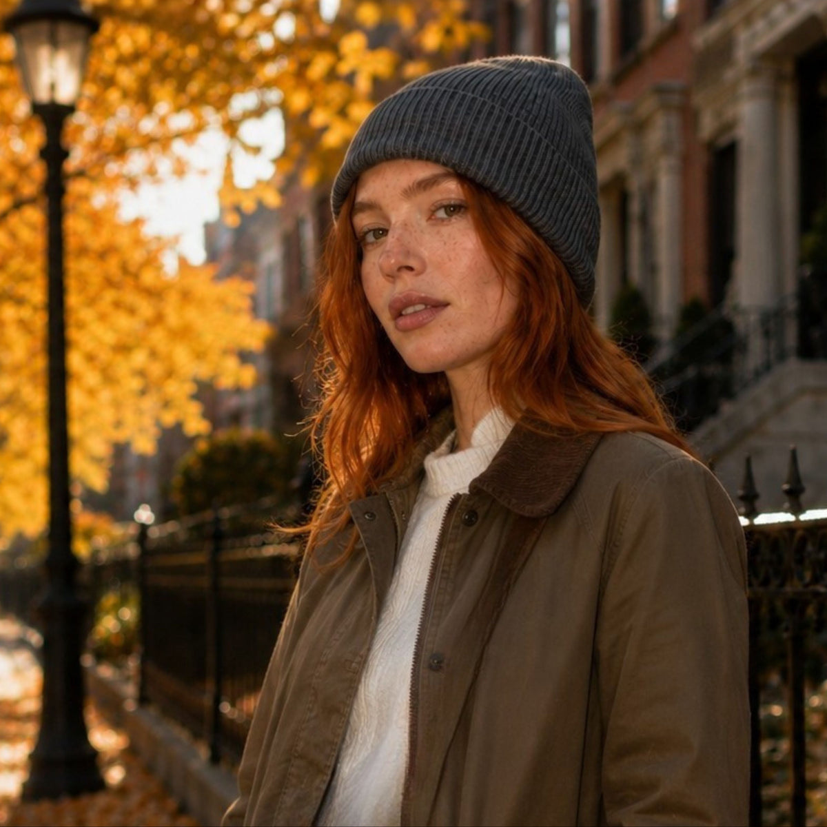 A person in a wool and cashmere beanie and brown jacket stands on a tree-lined city street with autumn leaves.