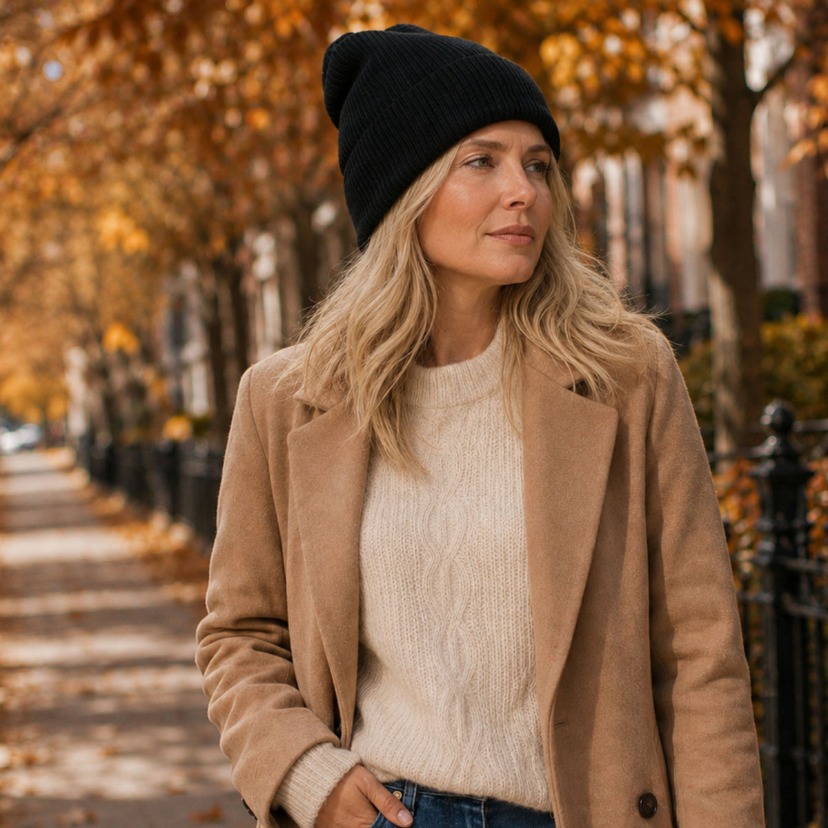 A woman wearing a black knit beanie, a camel wool-blend coat, a cream cable-knit sweater, and blue jeans stands on a city sidewalk lined with autumn trees and houses.