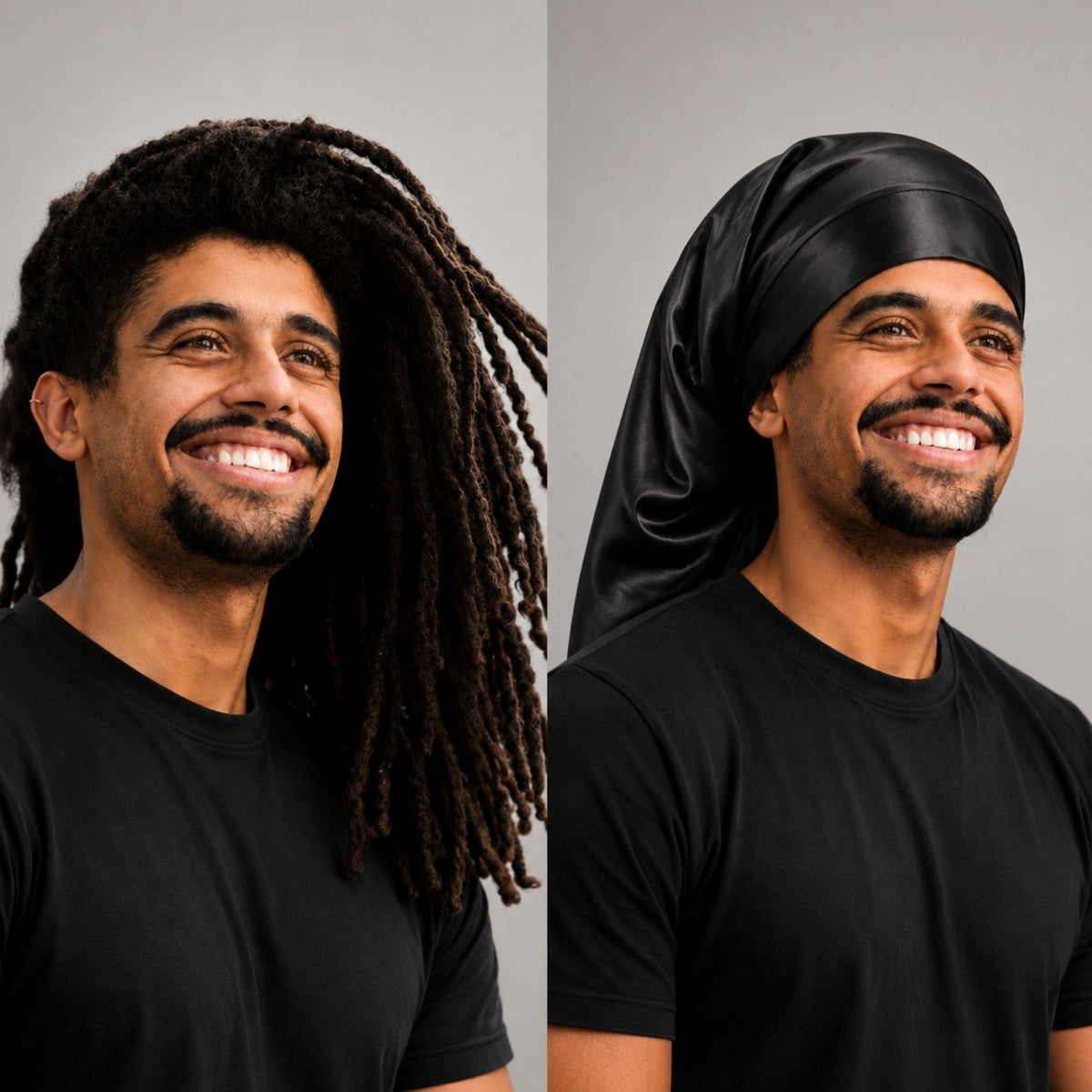 A man with long dreadlocks smiles; in the second image, he wears a black reversible silk bonnet.