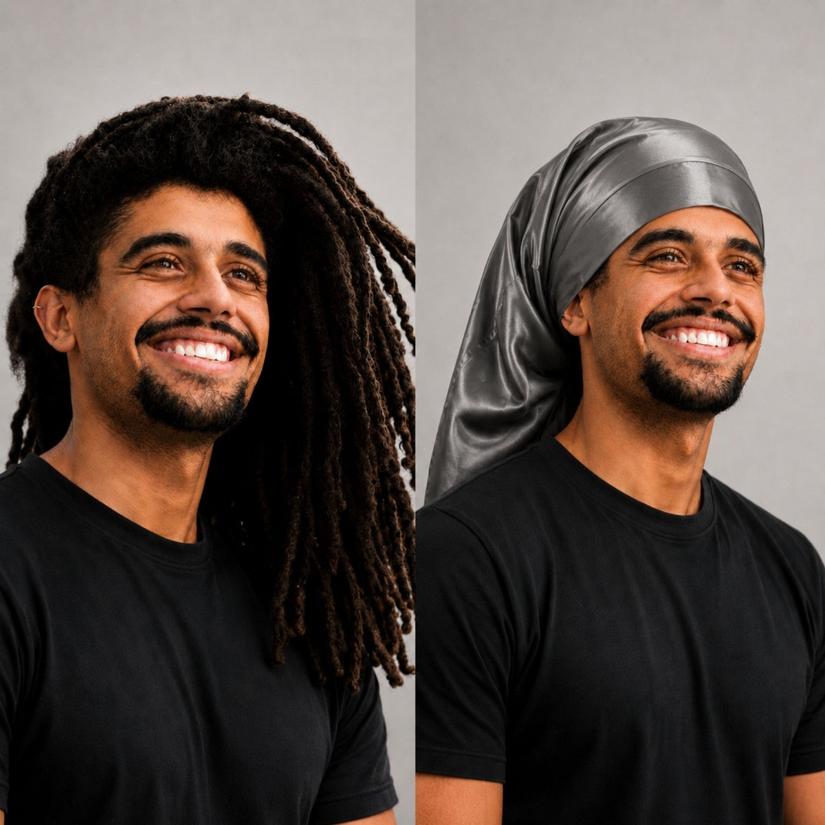 Side-by-side view of a smiling man with long dreadlocks, uncovered on the left and wearing a reversible silk bonnet on the right.