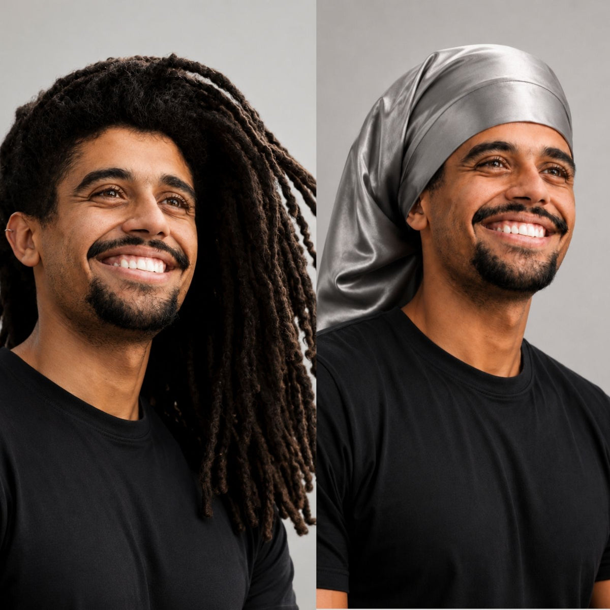 A man with long dreadlocks smiles; next, he wears a reversible silk bonnet covering his hair.