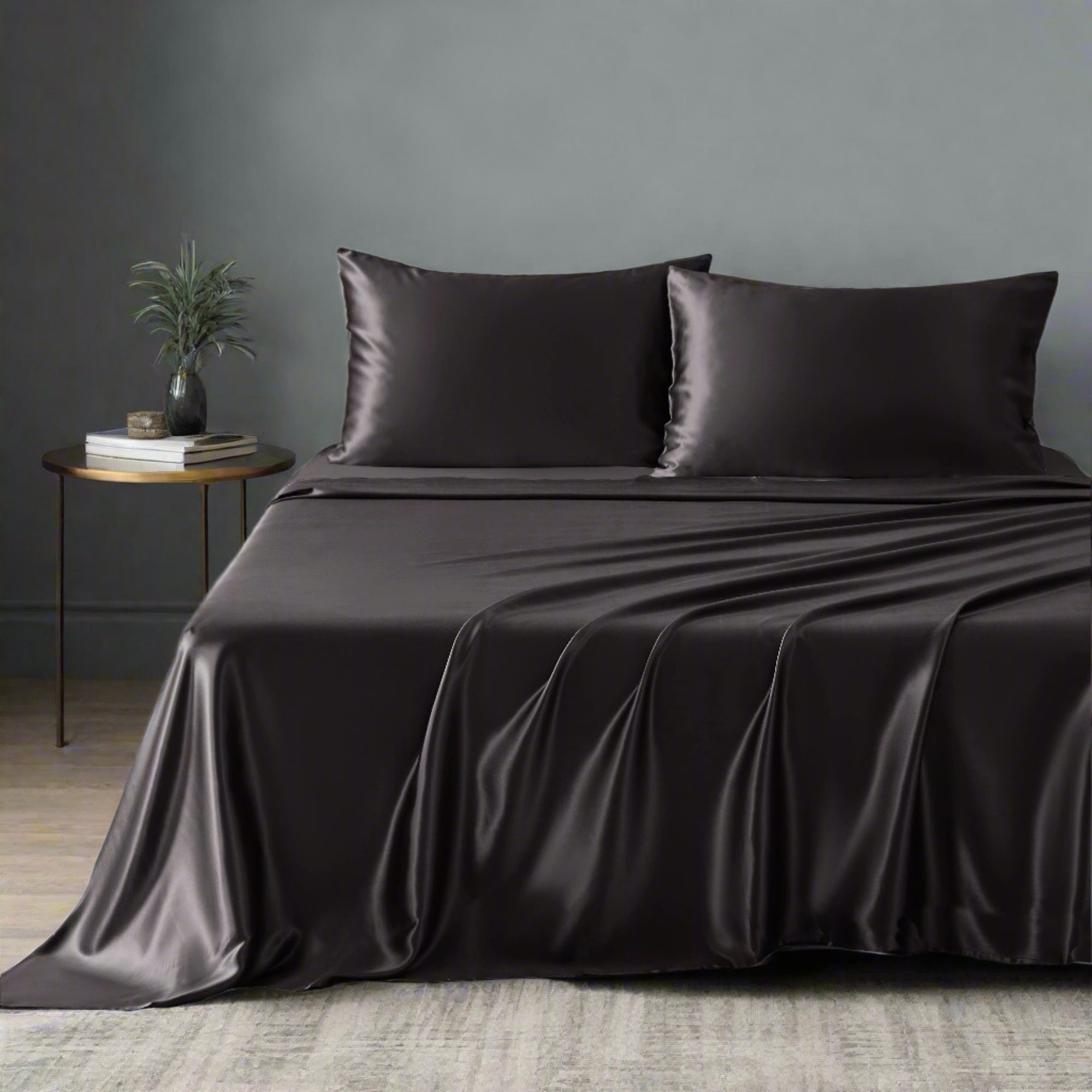 Mulberry Park Silks 19 Momme silk sheet set in black — lightweight silk bedding.