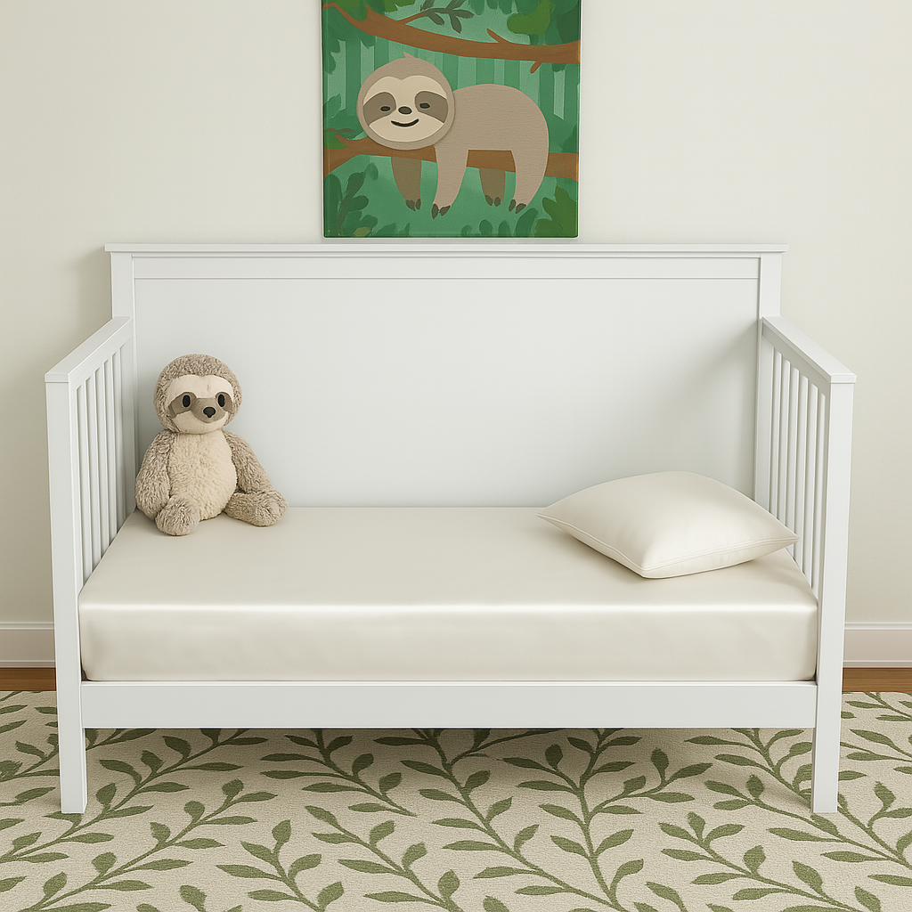 A white toddler bed with a Mulberry silk crib sheet, sloth plush, under sloth art on a green leaf-patterned rug.