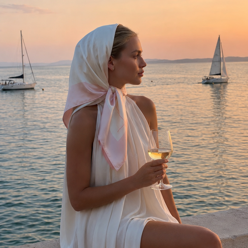 Woman in a white dress and headscarf holding a glass of wine, sitting by the water with sailboats at sunset.
