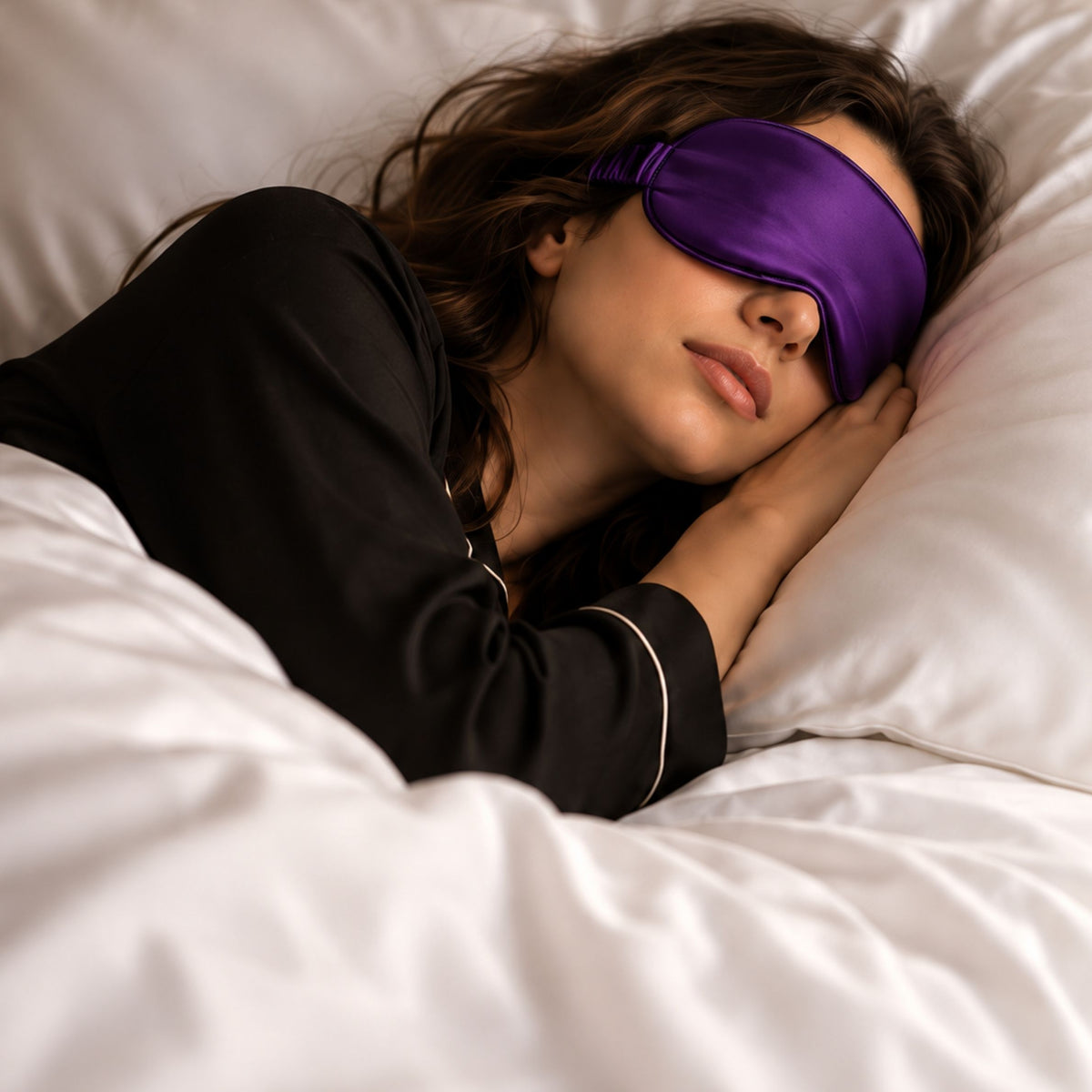 Woman in black pajamas sleeping on white bedding, wearing a purple sleep mask, head resting on a mulberry silk pillowcase.