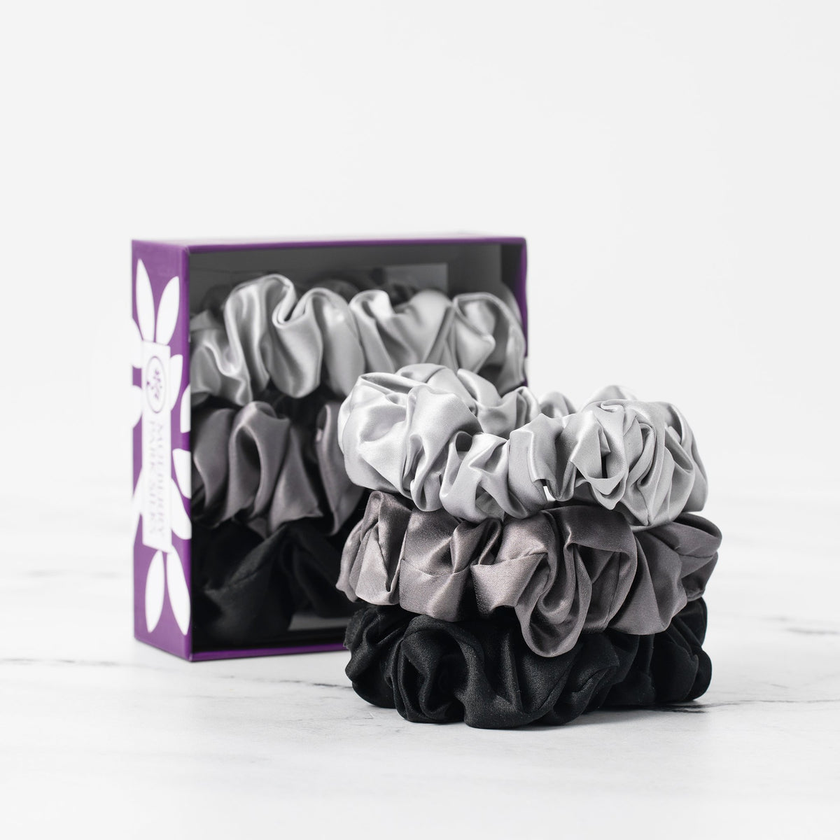 Mulberry Park Silks Silk Scrunchies - Midnight Black, Shimmery Silver, and Gunmetal Grey Large Stack in Box