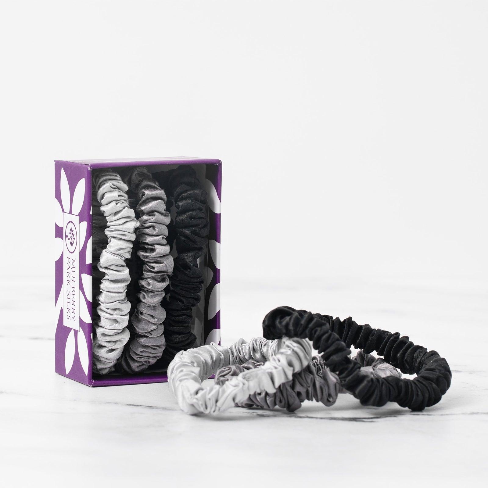 Mulberry Park Silks Silk Scrunchies - Midnight Black, Shimmery Silver, and Gunmetal Grey Top